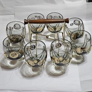 9 Piece, Roly Poly Roman Coin, 22-karat Embelished, Lowball Glass/Caddy Set